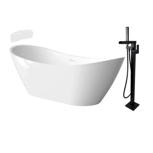 Transolid KF-AFTS6731-G31MB Skylar Grande 67-in x 31-in x 27-in Freestanding Acrylic Bathtub Kit With Center Drain, Bath Pillow And Matte Black Tub Filler, White (Gloss)