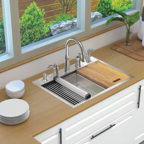 Transolid KWSST302210-5 30-in X 22-in X 10-in 18-Gauge Drop-in Stainless Steel Kitchen Workstation Sink with 5 Faucet Holes