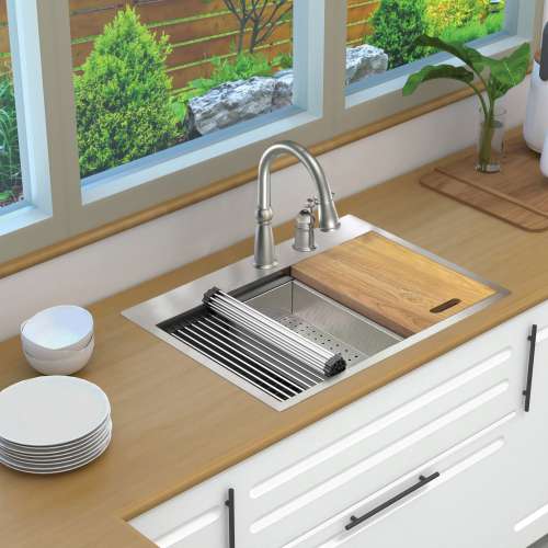 Transolid KWSST302210-MR2 30-in X 22-in X 10-in 18-Gauge Drop-in Stainless Steel Kitchen Workstation Sink with MR2 Faucet Holes