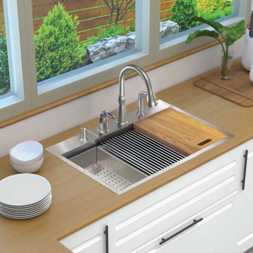 Transolid KWSST322210-4 32-in X 22-in X 10-in 18-Gauge Drop-in Stainless Steel Kitchen Workstation Sink with 4 Faucet Holes