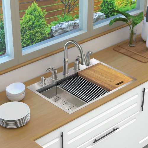 Transolid KWSST322210-5 32-in X 22-in X 10-in 18-Gauge Drop-in Stainless Steel Kitchen Workstation Sink with 5 Faucet Holes