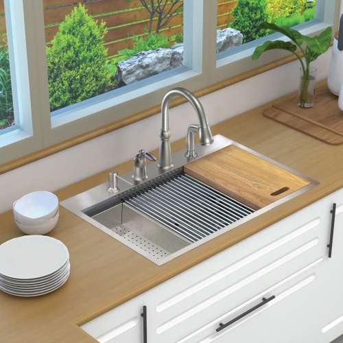Transolid KWSST332210-4 32-in X 22-in X 10-in 18-Gauge Drop-in Stainless Steel Kitchen Workstation Sink with 4 Faucet Holes