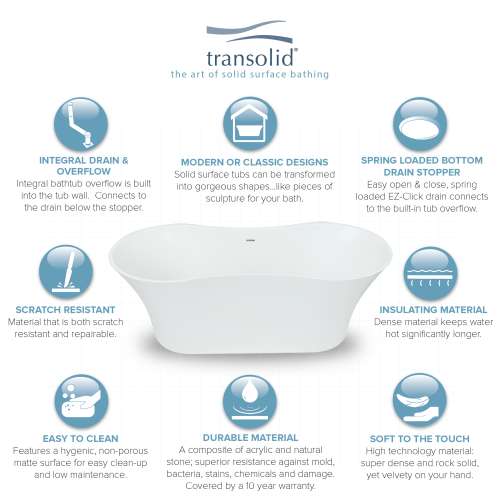 Transolid Melody 64-in x 28-in Resin Stone Freestanding Bathtub with center drain, in White