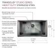 Transolid PUSS331911GM Studio 33-in x 19-in x 11-in 14 Gauge Super Single Bowl Undermount Stainless Steel Kitchen Sink With SinkPocket, Bottom Sink Grid, And Flip-Top Sink Strainer, Gun Metal