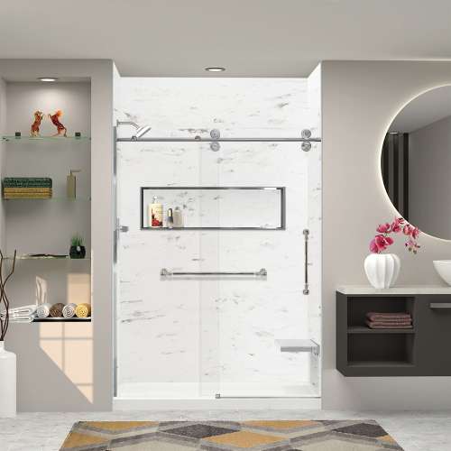 Transolid SWK603696-47V SaraMar 60-in x 36-in x 96-in Glue to Wall 3-Piece Shower Wall Trimmable Kit, White Venito Velvet