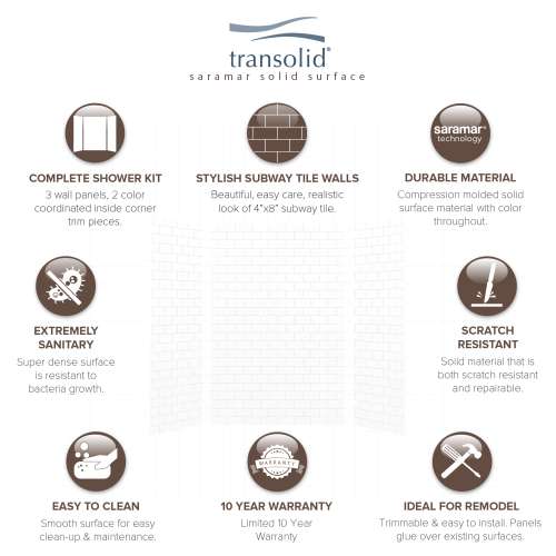 Transolid SaraMar 36-In X 60-In X 96-In Glue to Wall 3-Piece Shower Wall Trimmable Kit - In Multiple Colors