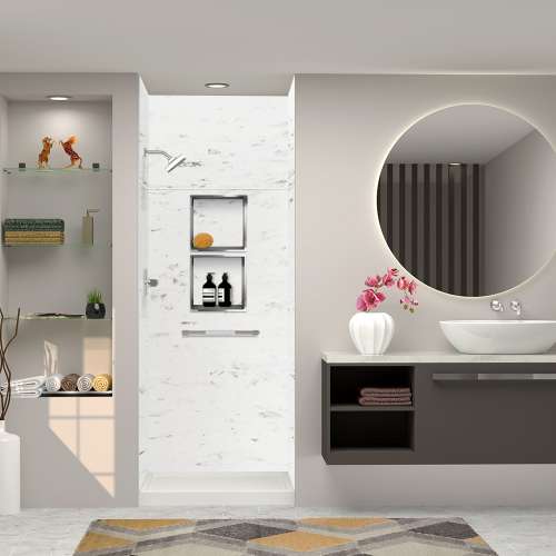 Transolid SWKX36367224-47V SaraMar 36-in x 36-in x 96-in Glue to Wall 6-Piece Shower Wall Trimmable Kit with Extension, White Venito Velvet
