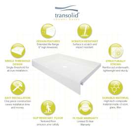 Transolid T3 48-in x 34-in Rectangular Alcove Shower Base with Center Drain - In Multiple Colors