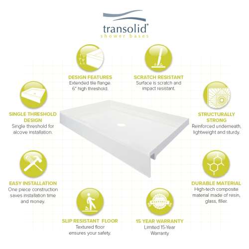 Transolid T3 48 x 34 Single Threshold Shower Base with Center Drain in White