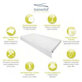 Transolid T3 60-in x 34-in Rectangular Alcove Shower Base with Center Drain - In Multiple Colors