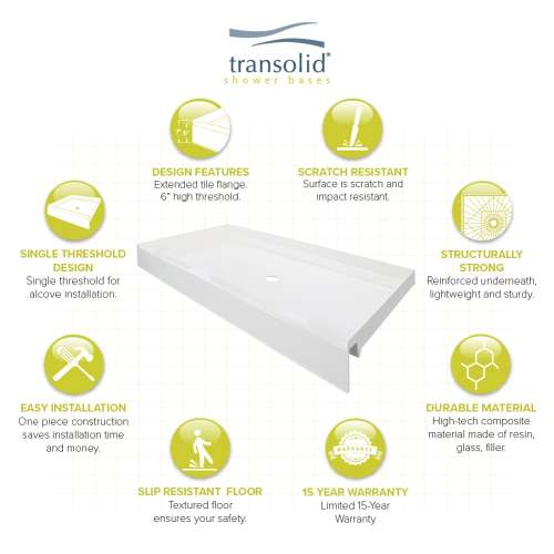 Transolid T3 60 x 34 Single Threshold Shower Base with Center Drain in White