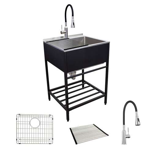 Transolid TFH-2522-MB 25-in. Stainless Steel Laundry Sink with Wash Stand in Matte Black