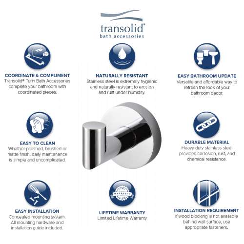Transolid Turin TRH-PC Robe Hook, In Polished Chrome