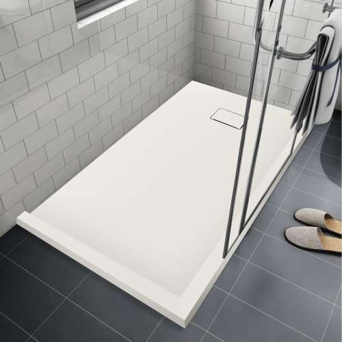 Transolid FZSDTR6336-32 Trimslate 63-in x 36-in Tub Replacement Shower Base with Adjustable Double Threshold and End Drain, Cameo
