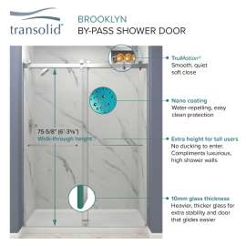 Transolid Brooklyn BYPT608010C-BK-CB Frameless Bypass Shower Door Featuring EXCLUSIVE TruMotion Technology in a Champagne Bronze Finish with a Smooth Clear Glass Texture and Barrington Knurled Handles 60-in W x 80-in H