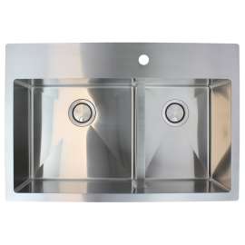 33-in x 22-in x 10-in 16 Gauge 60/40 Double Bowls, Stainless Steel Kitchen Sink with Low Divide, Micro Edge Dual Mount Installation, with 1 Hole