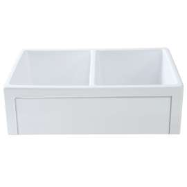Aries 33in x 20in Undermount Double Bowl Farmhouse Fireclay Kitchen Sink with Reversible (Roman/Plain) Front, in White