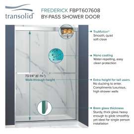 Semi-frameless bypass shower door featuring EXCLUSIVE TruMotion technology with smooth frosted glass texture and traditional Turin handles 45-3/4-in to 47-in W x 76-in H