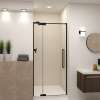 Semi-frameless pivot shower door in matte black frame finish with smooth glass texture 32-in to 36-in W x 76-in H