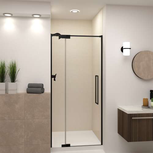 Semi-frameless pivot shower door in matte black frame finish with smooth glass texture 32-in to 36-in W x 76-in H