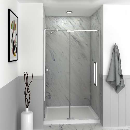 Irene IPD487610C-S-PC Semi-frameless pivot shower door in polished chrome frame finish with smooth glass texture 44-in to 48-in W x 76-in H