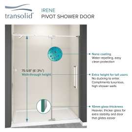 IPD607610C-T-M Irene Semi-frameless pivot shower door with smooth glass texture 56-in to 60-in W x 76-in H