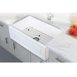 Versailles 30in x 20in Undermount Single Bowl Farmhouse Fireclay Kitchen Sink with Reversible (Frenchd/Plain) Front, in White with Grid, Strainer, Installation Kit