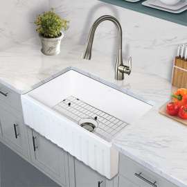 Fireclay Logan 30-in Farmhouse Kitchen Sink Kit with Faucet, Grid, Strainer and Drain Installation Kit