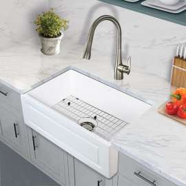 Fireclay Versailles 30-in Farmhouse Kitchen Sink Kit with Faucet, Grid, Strainer and Drain Installation Kit