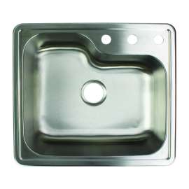 25-in x 22.02-in x 9-in 16 Gauge Single Bowl, Stainless Steel Kitchen Sink, Drop-in Installation with 1-Hole, with Grid, Strainer, Installation Kit