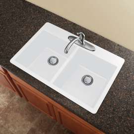 33-in X 22-in X 9.5-in silQ Granite Kitchen Sink with Double Equal Bowls, Drop-in Installation, with 4 CABE Faucet Holes, In White