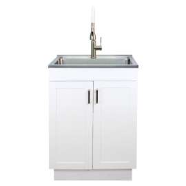 24-in White Laundry Cabinet with Pull-Out Basket, Stainless Steel Sink, and Stainless Steel High Arc Faucet