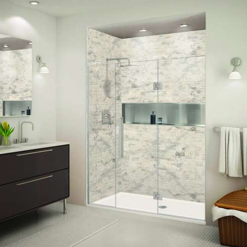 EHTF69277610C-T-BS Elizabeth 69-in W x 76-in H Hinged Shower Door in Brushed Stainless with Clear Glass