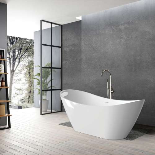 KF-AFTS5931-G31BN Skylar 59-in x 31-in x 27-in Freestanding Acrylic Bathtub Kit With Center Drain, Bath Pillow And Brushed Nickel Tub Filler, White (Gloss)