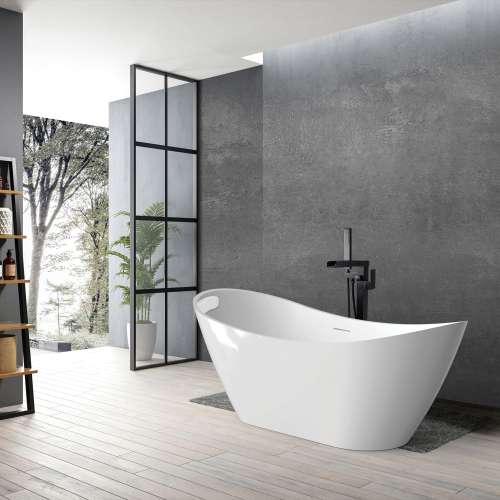 KF-AFTS5931-G31MB Skylar 59-in x 31-in x 27-in Freestanding Acrylic Bathtub Kit With Center Drain, Bath Pillow And Matte Black Tub Filler, White (Gloss)