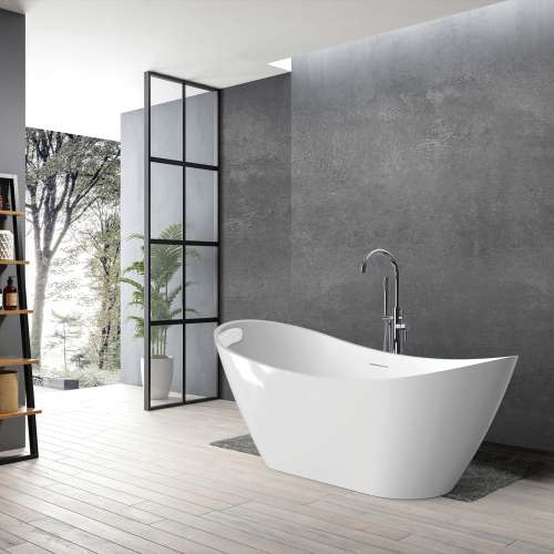 KF-AFTS5931-G31PC Skylar 59-in x 31-in x 27-in Freestanding Acrylic Bathtub Kit With Center Drain, Bath Pillow And Polished Chrome Tub Filler, White (Gloss)