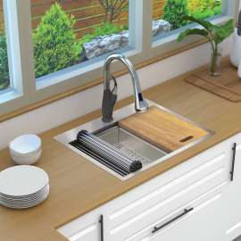 KWSST272210-1 27-in X 22-in X 10-in 18-Gauge Drop-in Stainless Steel Kitchen Workstation Sink with 1 Faucet Hole