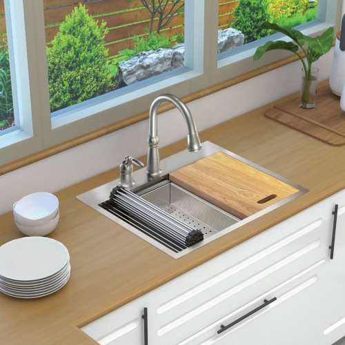 KWSST272210-ML2 27-in X 22-in X 10-in 18-Gauge Drop-in Stainless Steel Kitchen Workstation Sink with ML2 Faucet Holes