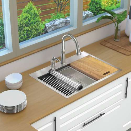 KWSST302210-ML2 30-in X 22-in X 10-in 18-Gauge Drop-in Stainless Steel Kitchen Workstation Sink with ML2 Faucet Holes