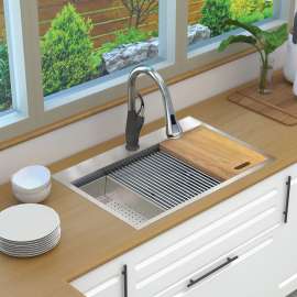 KWSST332210-1 33-in X 22-in X 10-in 18-Gauge Drop-in Stainless Steel Kitchen Workstation Sink with 1 Faucet Hole