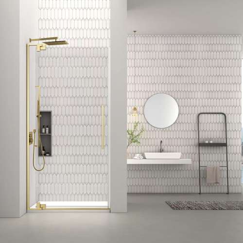 RPD3676108C-CB Rynolds 36-in x 76-in Pivot Shower Door With 5/16-in Clear Glass And Sampson Double-Sided Handles, Champagne Bronze