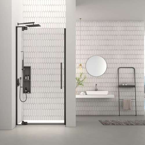 RPD3676108C-MB Rynolds 36-in x 76-in Pivot Shower Door With 5/16-in Clear Glass And Sampson Double-Sided Handles, Matte Black
