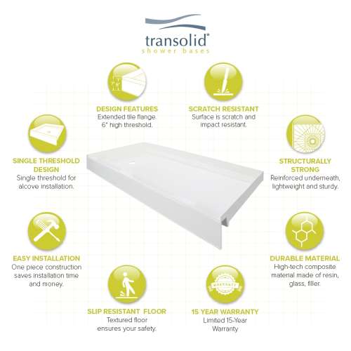 T3 60 x 30 Single Threshold Shower Base with Left Drain in White