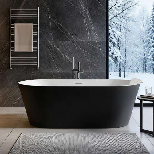 K-AFTM5931-M3109 Maris 59-in x 31-in x 23-in Freestanding Acrylic Bathtub Kit With Center Drain And Bath Pillow, Black/White (Matte)