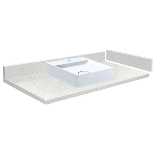 VT37.25x22-1SV-3A-A-W-1 Mini Custom Quartz 37.25-in x 22.25-in Single Bowl Vanity Top with Single Faucet Hole and Rachel Bowl, Milan White