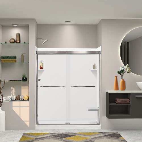 KSAE6036C-31BS 60-in x 36-in x 72-in 6-Piece Glue-on Expressions Shower Kit with Door and Accessories, White/Brushed Stainless Steel