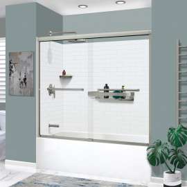 KTAFS603660L-21BS 60-in x 36-in x 80-in 7-Piece Glue-on Saramar Shower/Tub Kit with Door Faucet and Accessories, White/Brushed Stainless