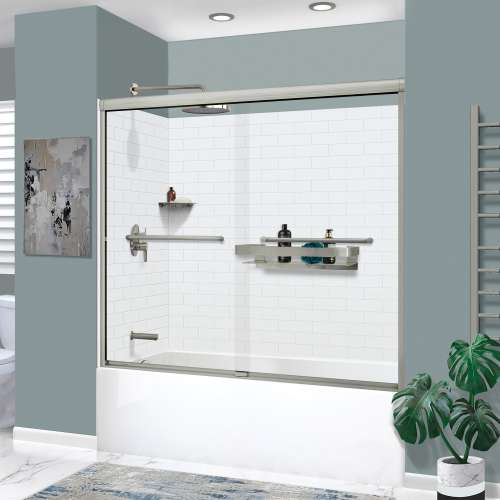 KTAFS603660L-21BS 60-in x 36-in x 80-in 7-Piece Glue-on Saramar Shower/Tub Kit with Door Faucet and Accessories, White/Brushed Stainless