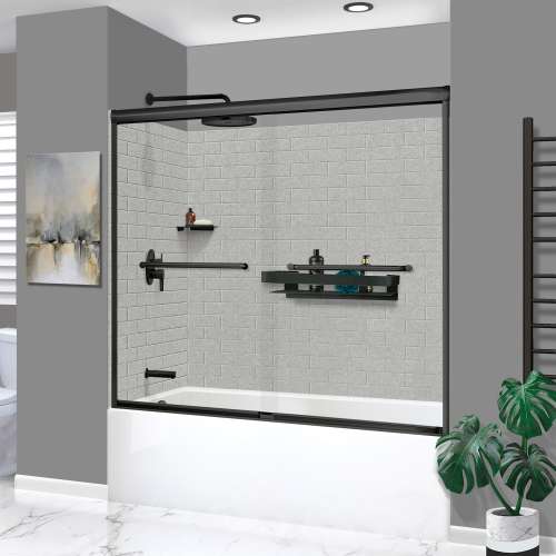 KTAFS603660L-27MB 60-in x 36-in x 80-in 7-Piece Glue-on Saramar Shower/Tub Kit with Door Faucet and Accessories, Grey Beach/Matte Black