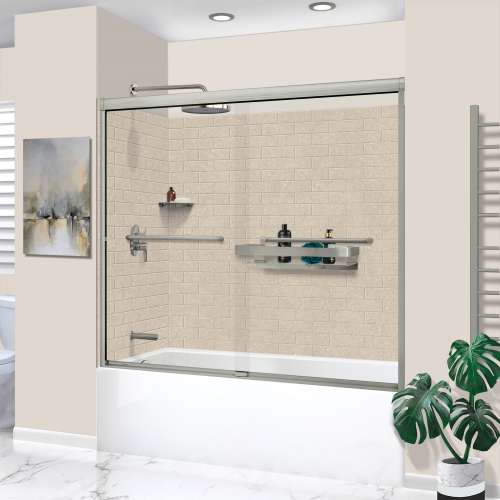 KTAFS603660L-28BS 60-in x 36-in x 80-in 7-Piece Glue-on Saramar Shower/Tub Kit with Door Faucet and Accessories, Cashew/Brushed Stainless